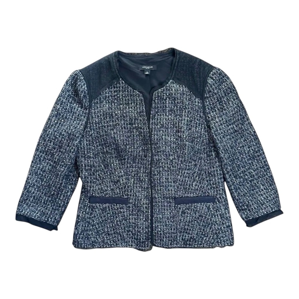 Ann Taylor Black & Gray Boucle Tweed Cropped Jacket  with Sheer Trim Size 8